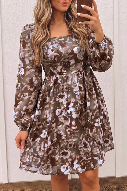 Brown Floral Print Square Neck Long Sleeve Dress