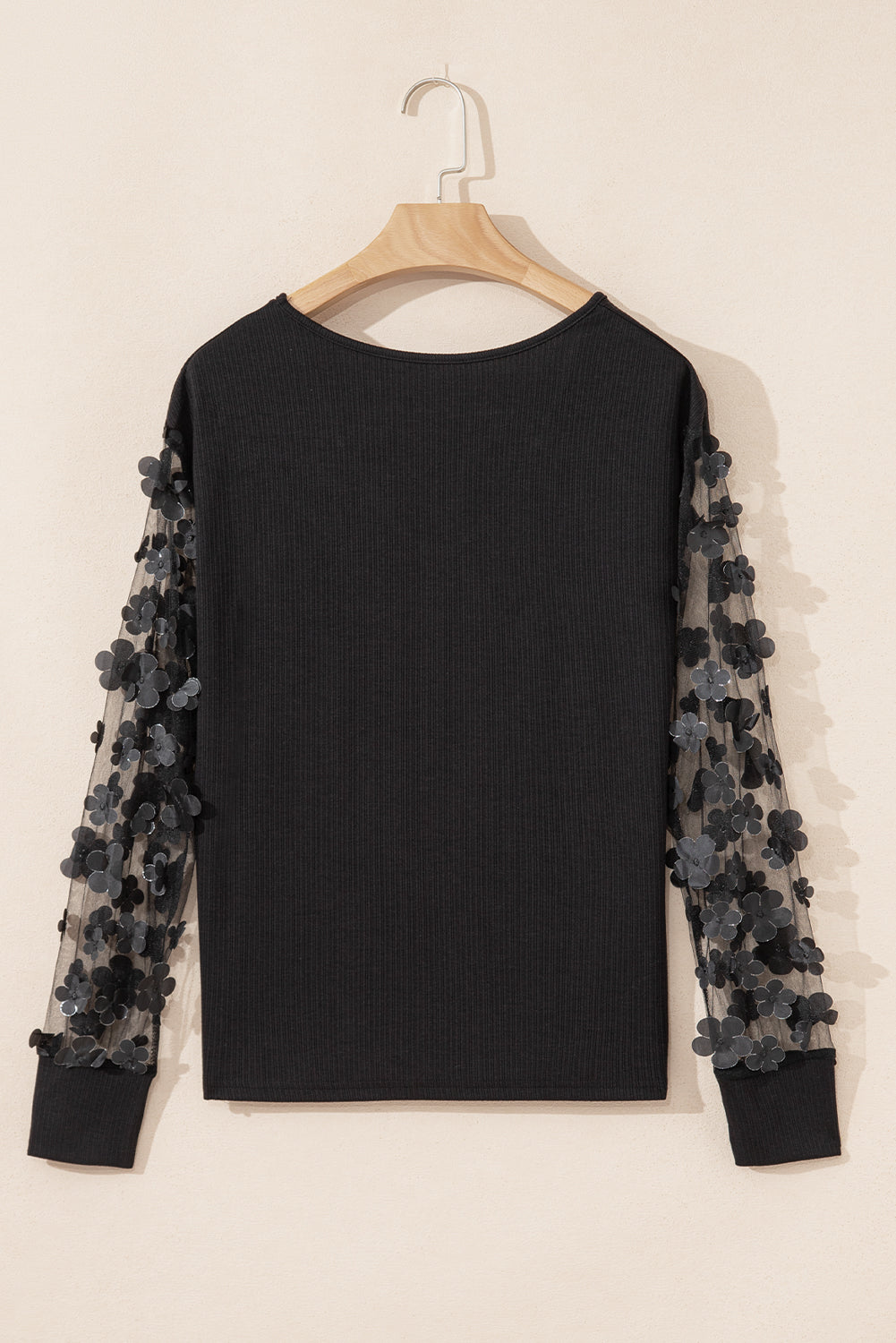 Black Flower Applique Mesh Blouse