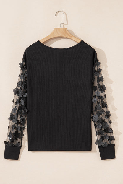 Black Flower Applique Mesh Blouse