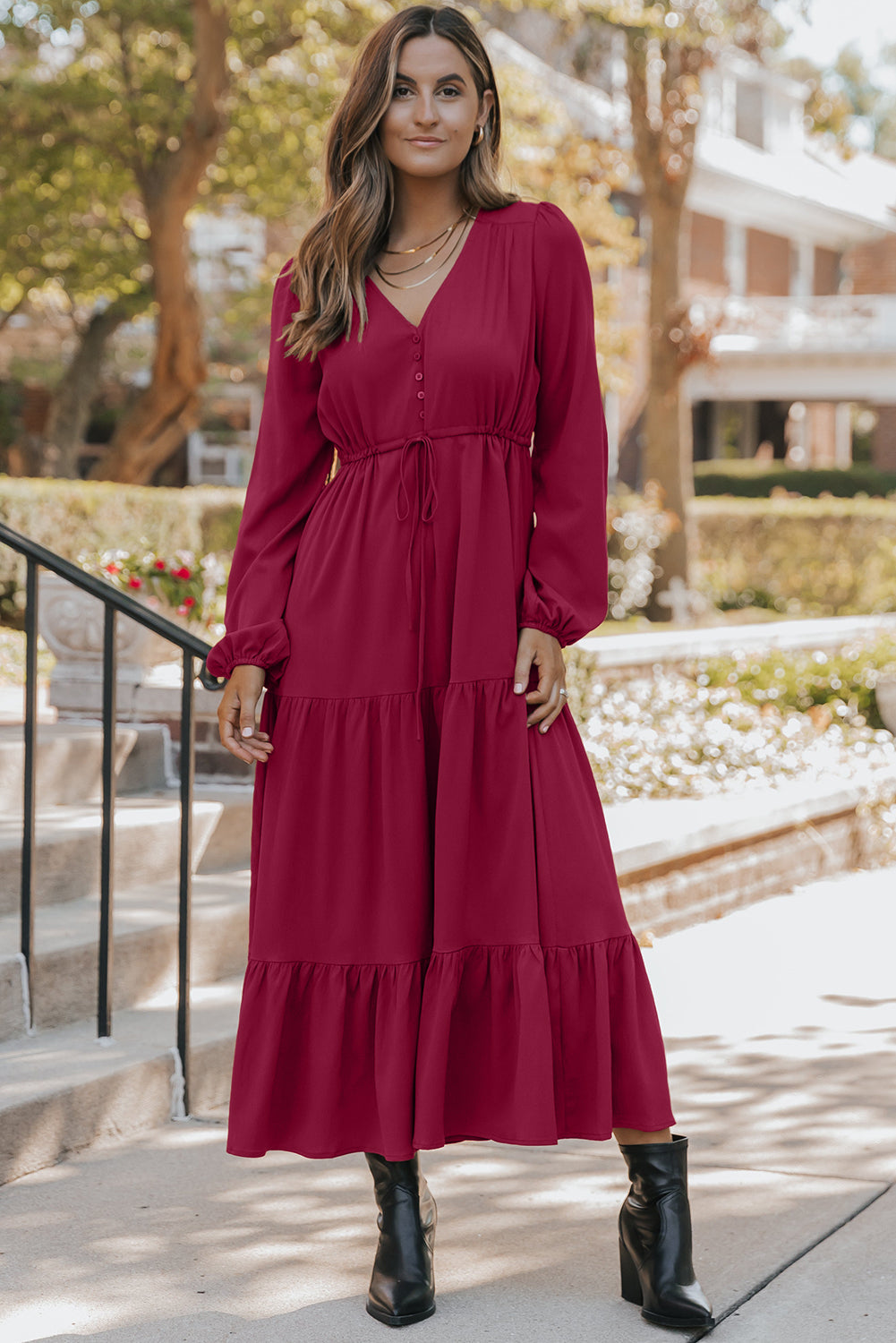 Long Sleeve Button V Neck Tiered Maxi Dress