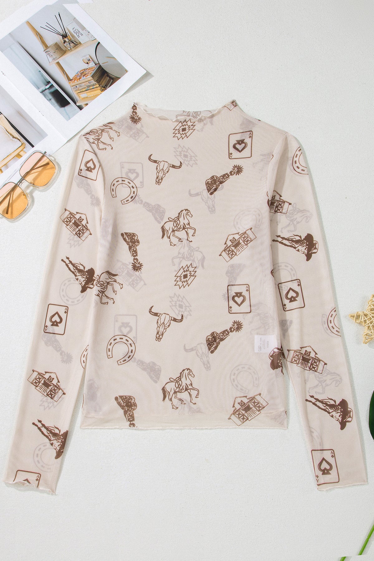 Print Sheer Mesh Long Sleeve Mock Neck Top — More Colors