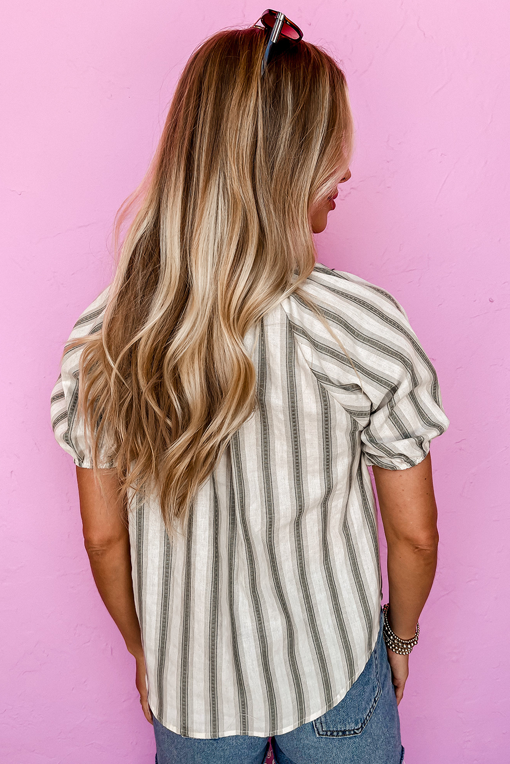 Gray Stripe Frilled Short Sleeve Blouse