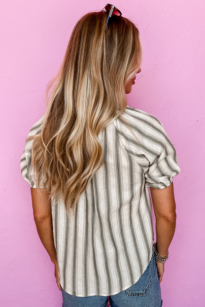 Gray Stripe Frilled Short Sleeve Blouse