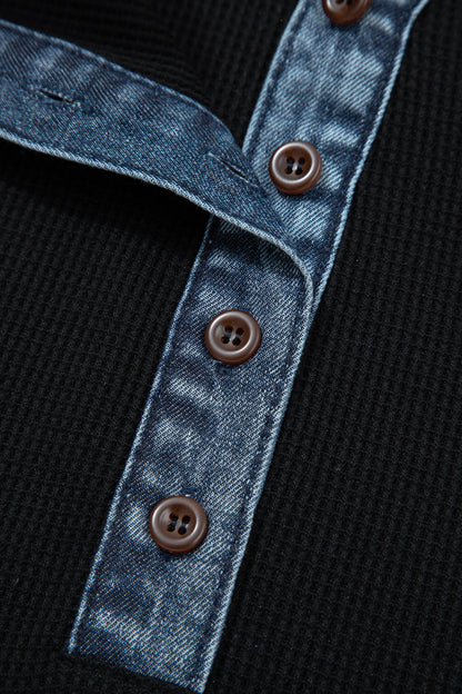 Black Plus Size Denim Patchwork Button Polo