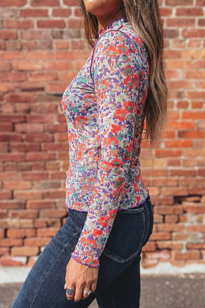 Print Sheer Mesh Long Sleeve Mock Neck Top — More Colors