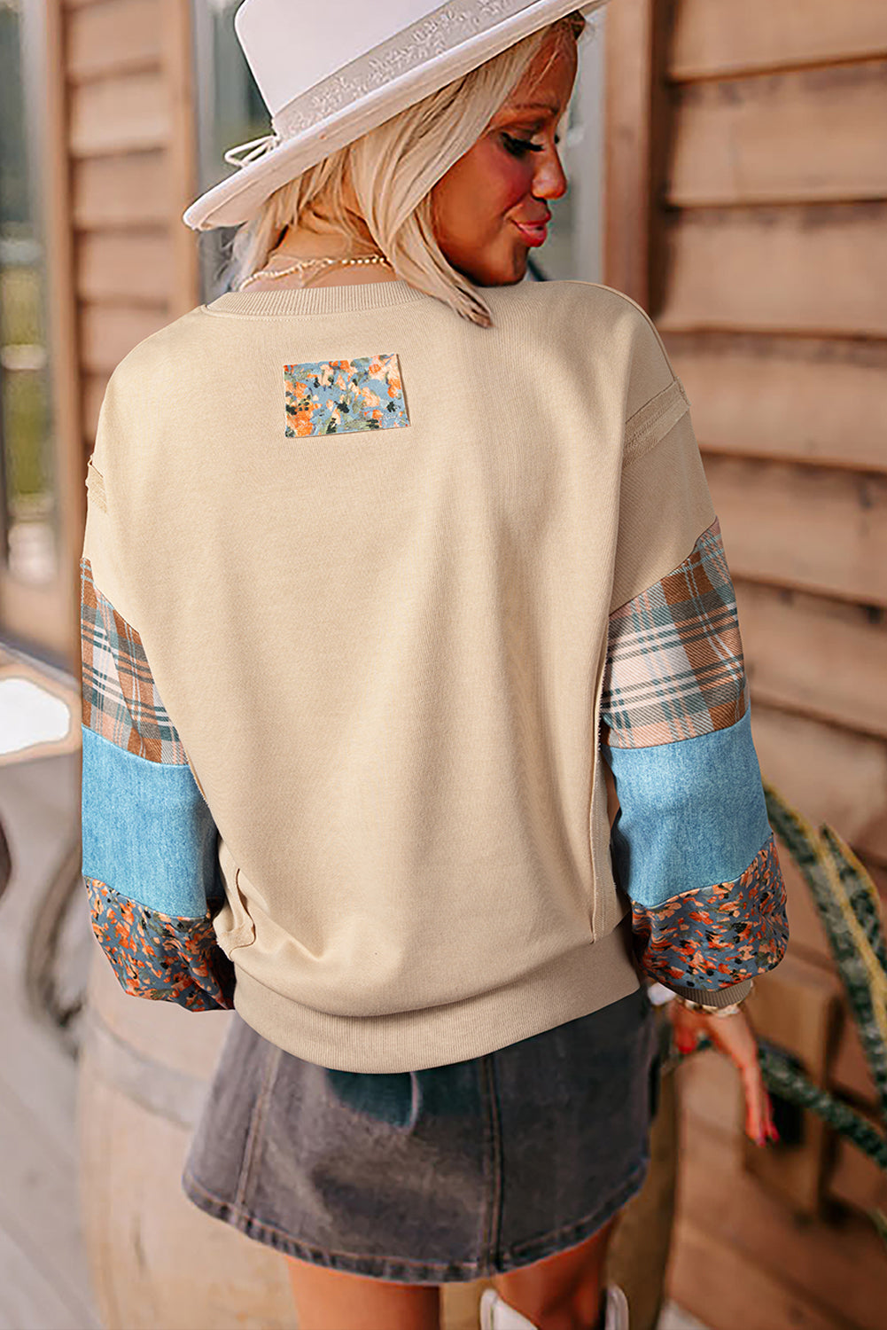 Plaid Colorblock Patchwork Sleeve Raw Seam Sweatshirt — More Colors
