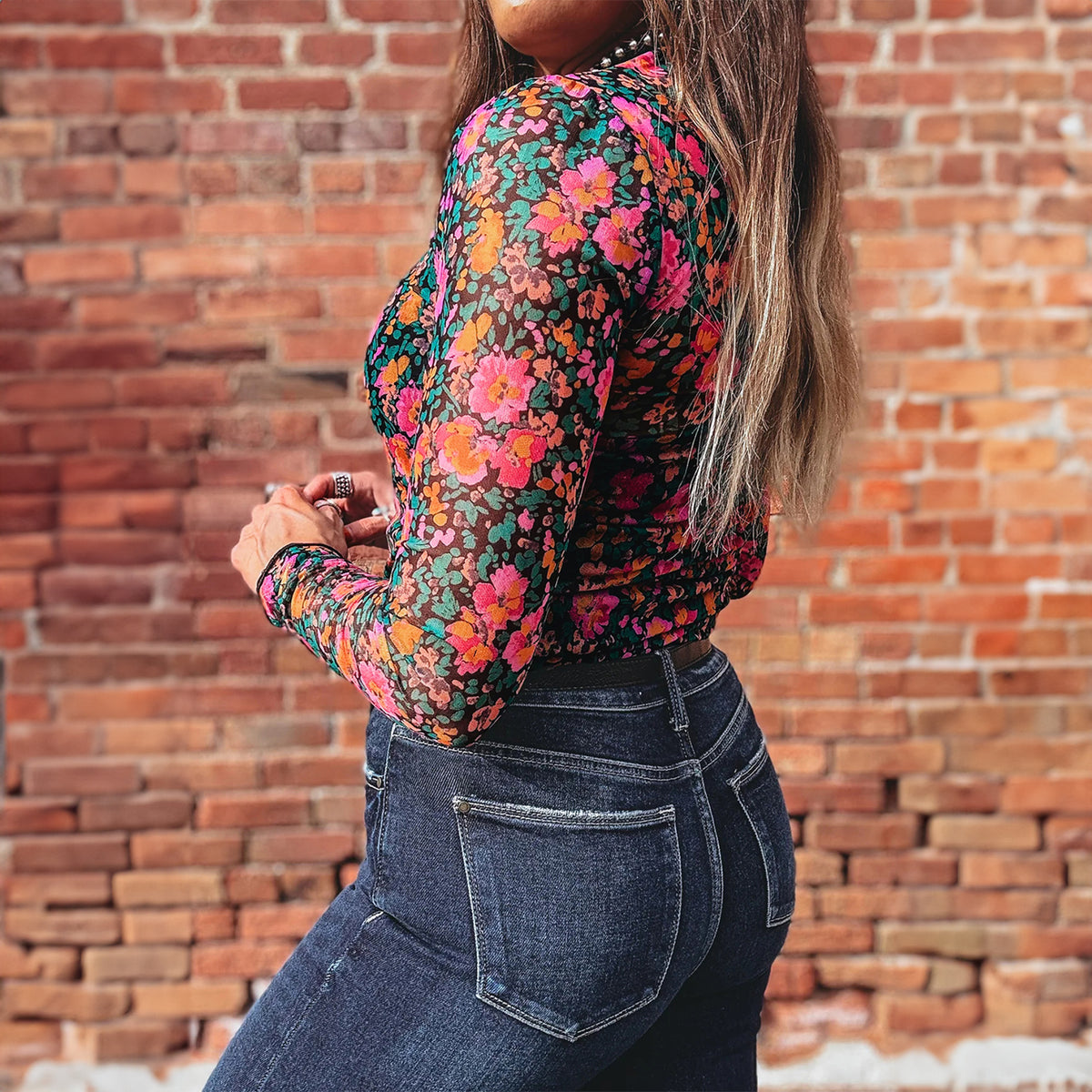 Print Sheer Mesh Long Sleeve Mock Neck Top — More Colors
