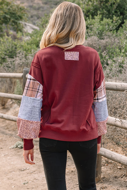 Plaid Colorblock Patchwork Sleeve Raw Seam Sweatshirt — More Colors