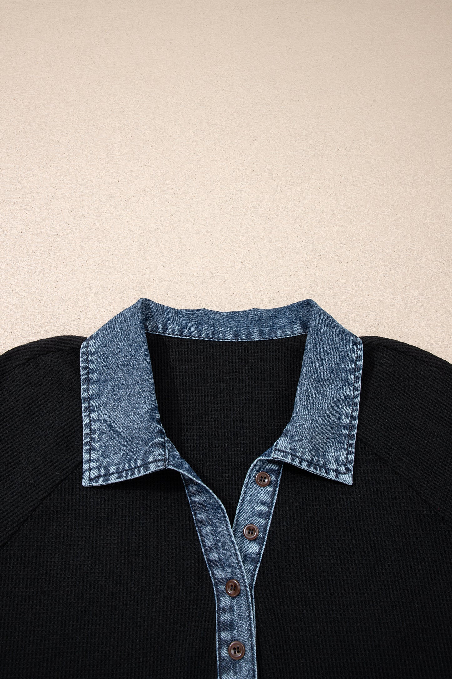 Black Plus Size Denim Patchwork Button Polo