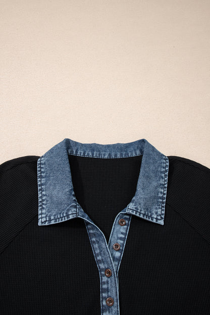 Black Plus Size Denim Patchwork Button Polo