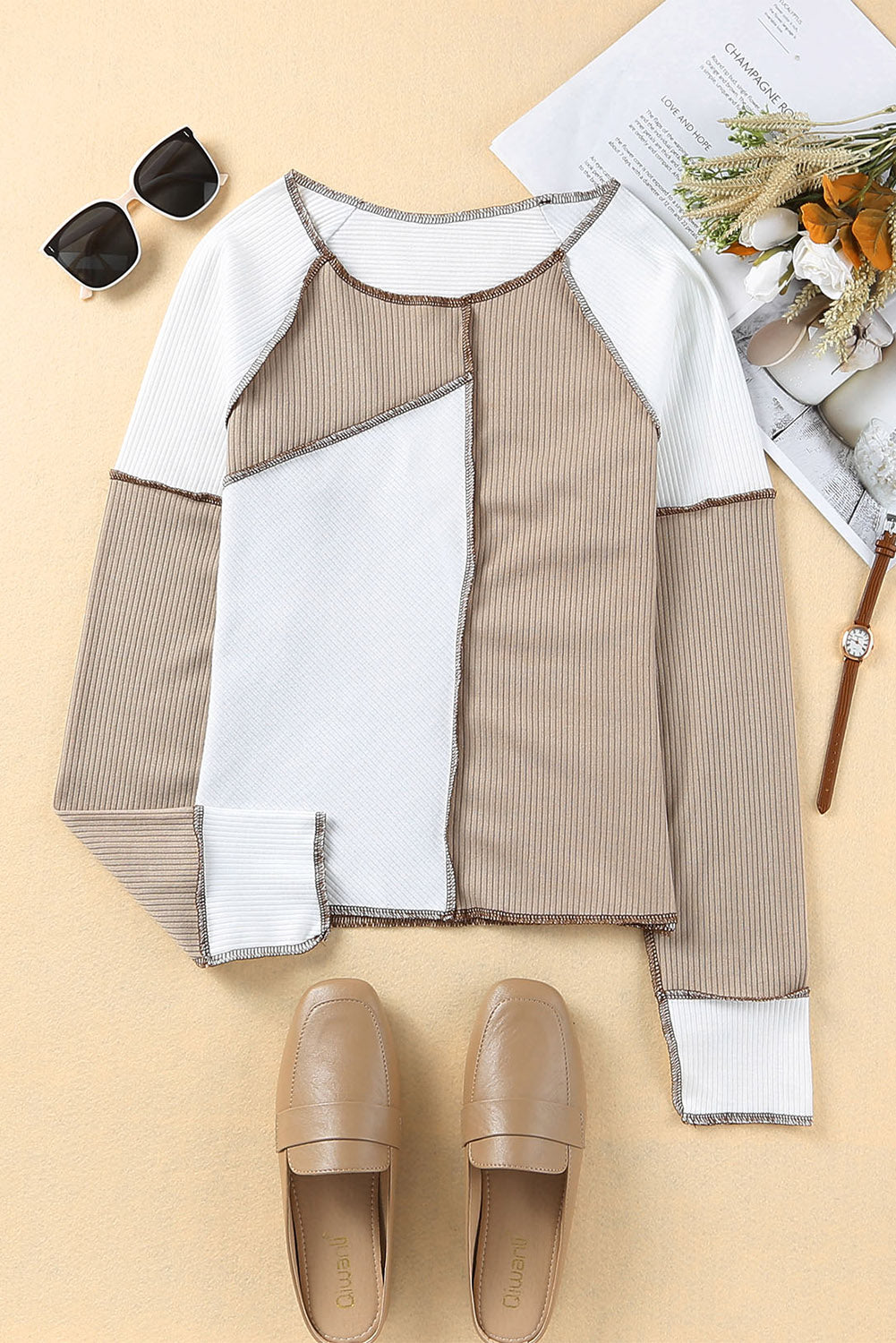 White Irregular Color Block Rib Knit Top