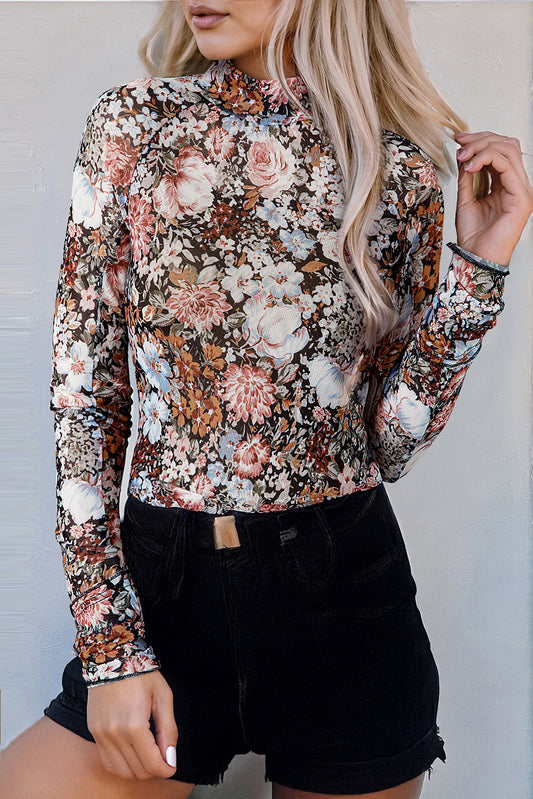 Floral Long Sleeve High Neck Mesh Blouse — More Colors