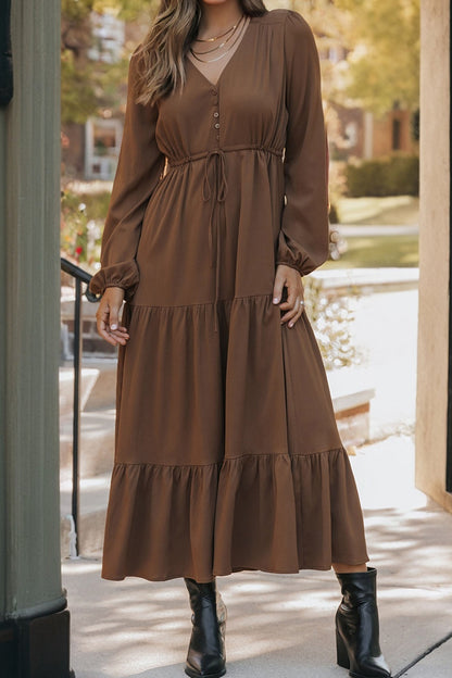 Long Sleeve Button V Neck Tiered Maxi Dress