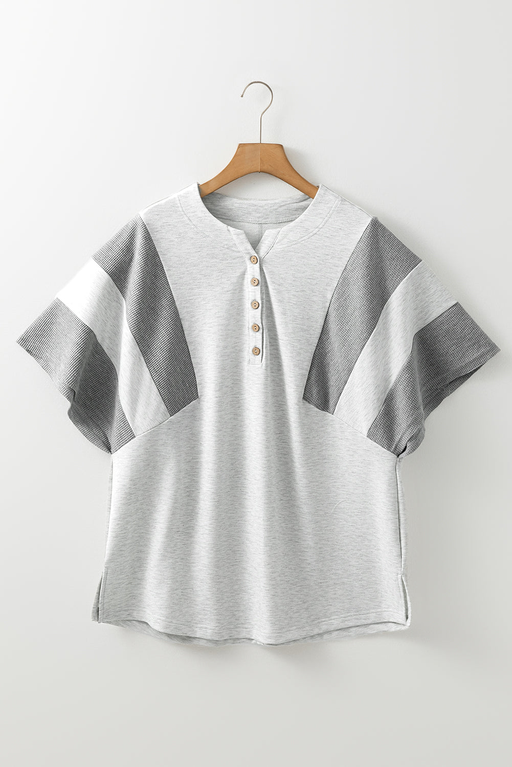 Light Grey Waffle Knit Buttoned V Neck Top