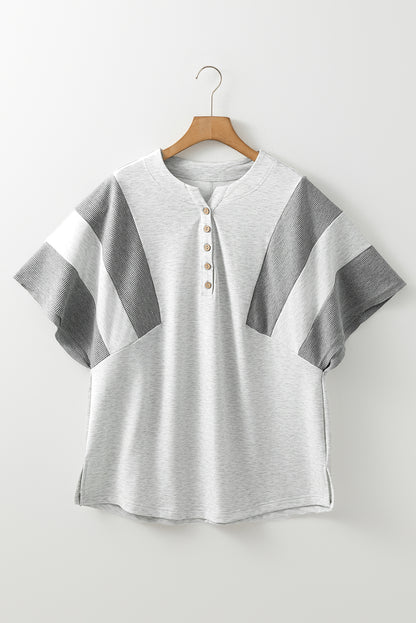 Light Grey Waffle Knit Buttoned V Neck Top