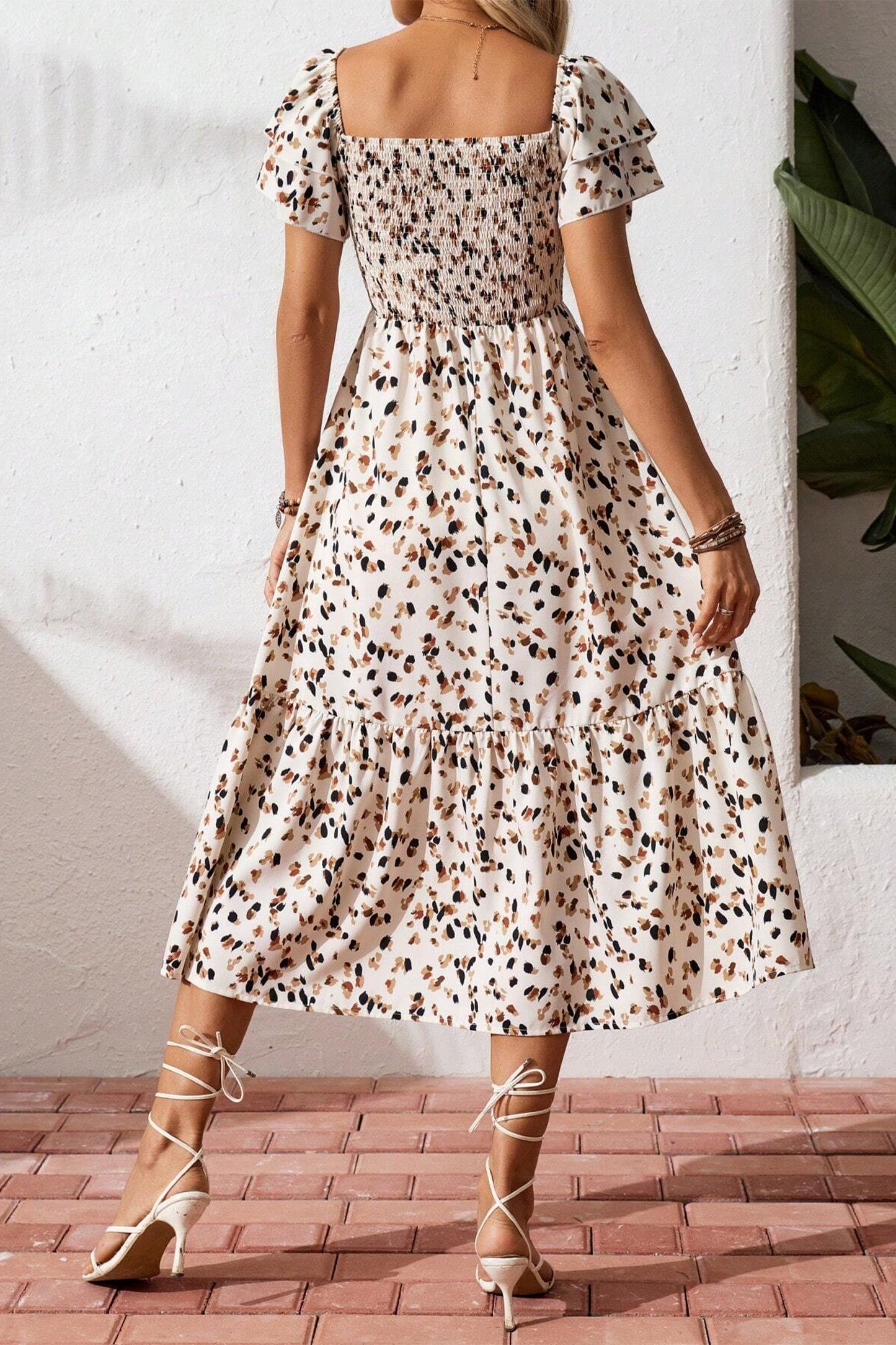 Beige Ditsy Floral Short Sleeve Dress