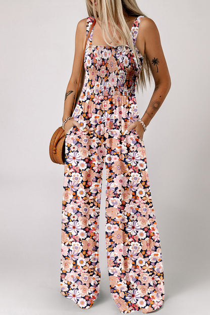 Floral Print Smocked High Waist Square Neck Jumpsuit — More Colors