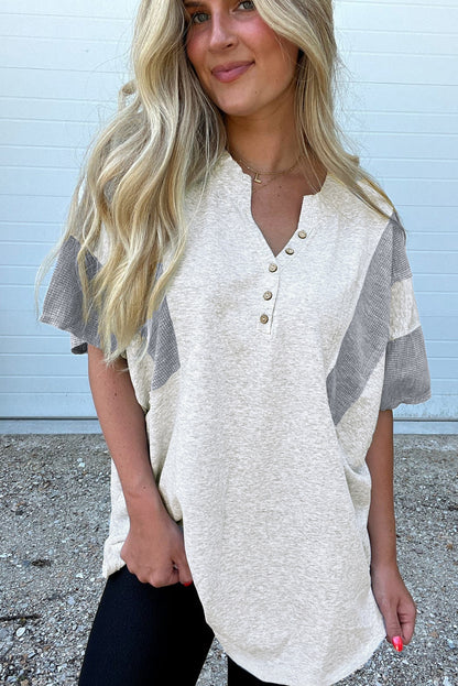 Light Grey Waffle Knit Buttoned V Neck Top