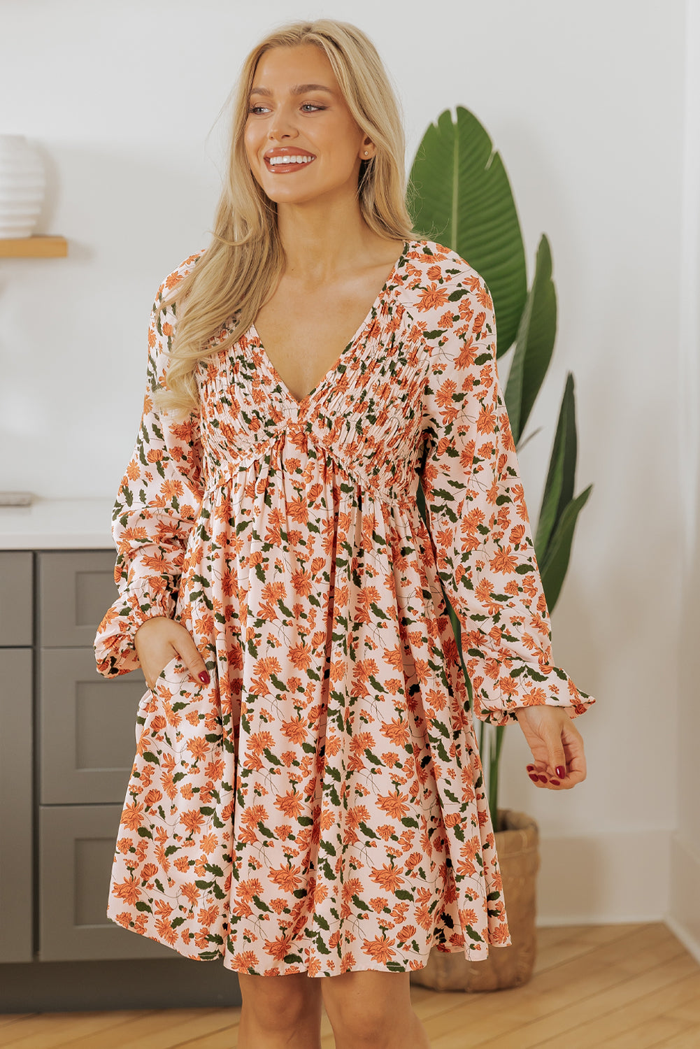 Floral Deep V Neck Babydoll Dress