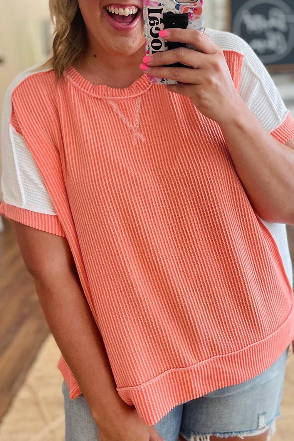 Plus Size Carrot Rib Colorblock Short Sleeve Top