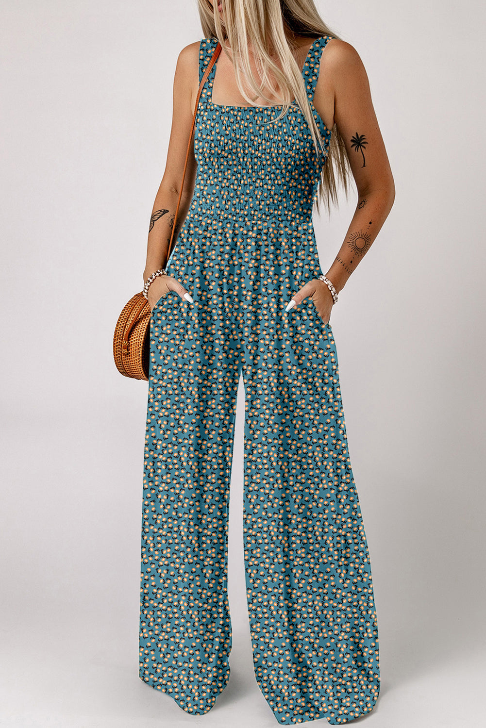 Floral Print Smocked High Waist Square Neck Jumpsuit — More Colors
