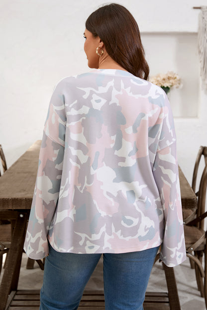 Plus Size Camo Drop Shoulder Loose Pullover Top