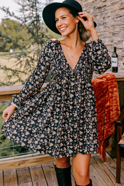 Floral Deep V Neck Babydoll Dress