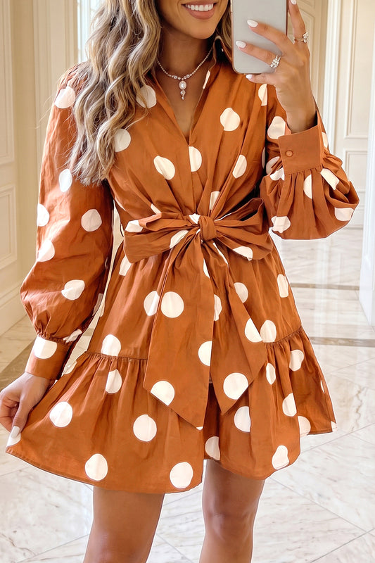 Brown Polka Dot Long Sleeve Mini Dress
