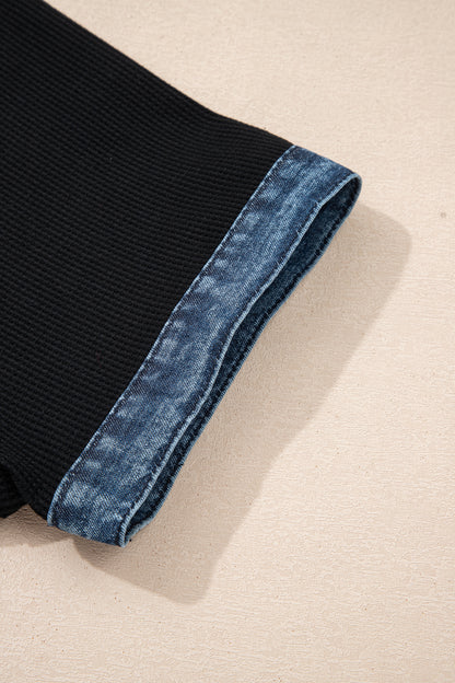 Black Plus Size Denim Patchwork Button Polo