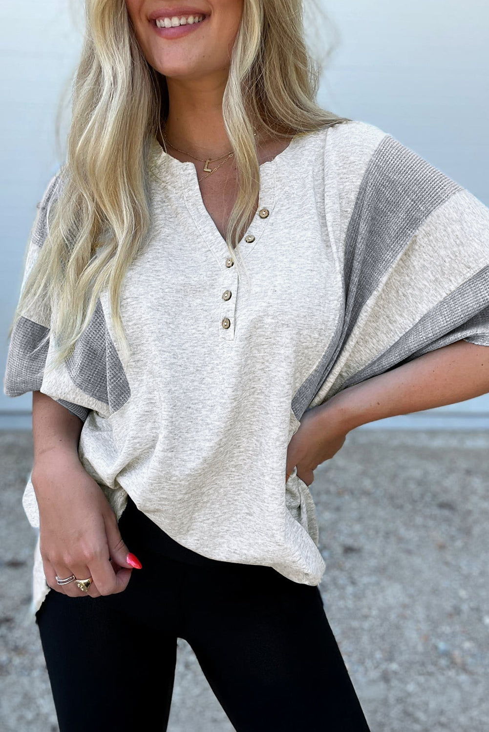 Light Grey Waffle Knit Buttoned V Neck Top