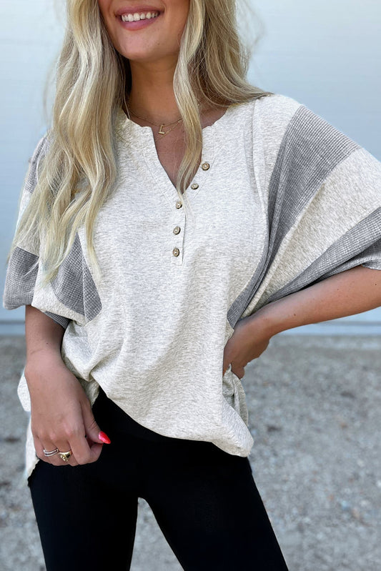 Light Grey Waffle Knit Buttoned V Neck Top